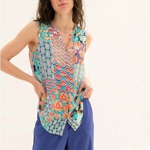 Tinta Made in Spain Turquoise Patchwork Print Sleeveless Blouse EU 38